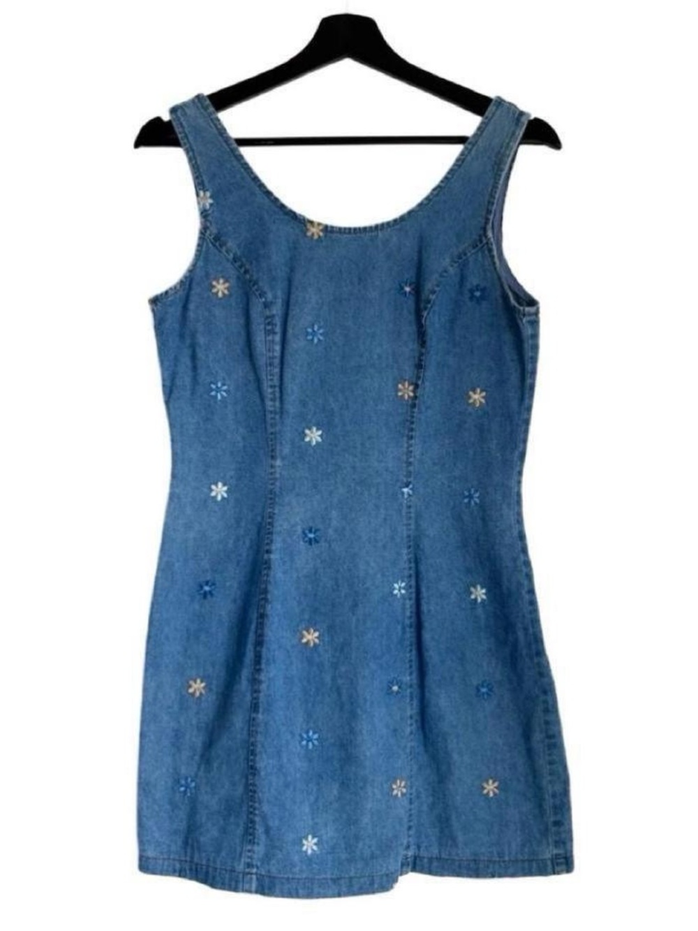 Vintage Blue Denim Mini Dress with Embroidered Flowers 90s Y2K whimsigoth boho